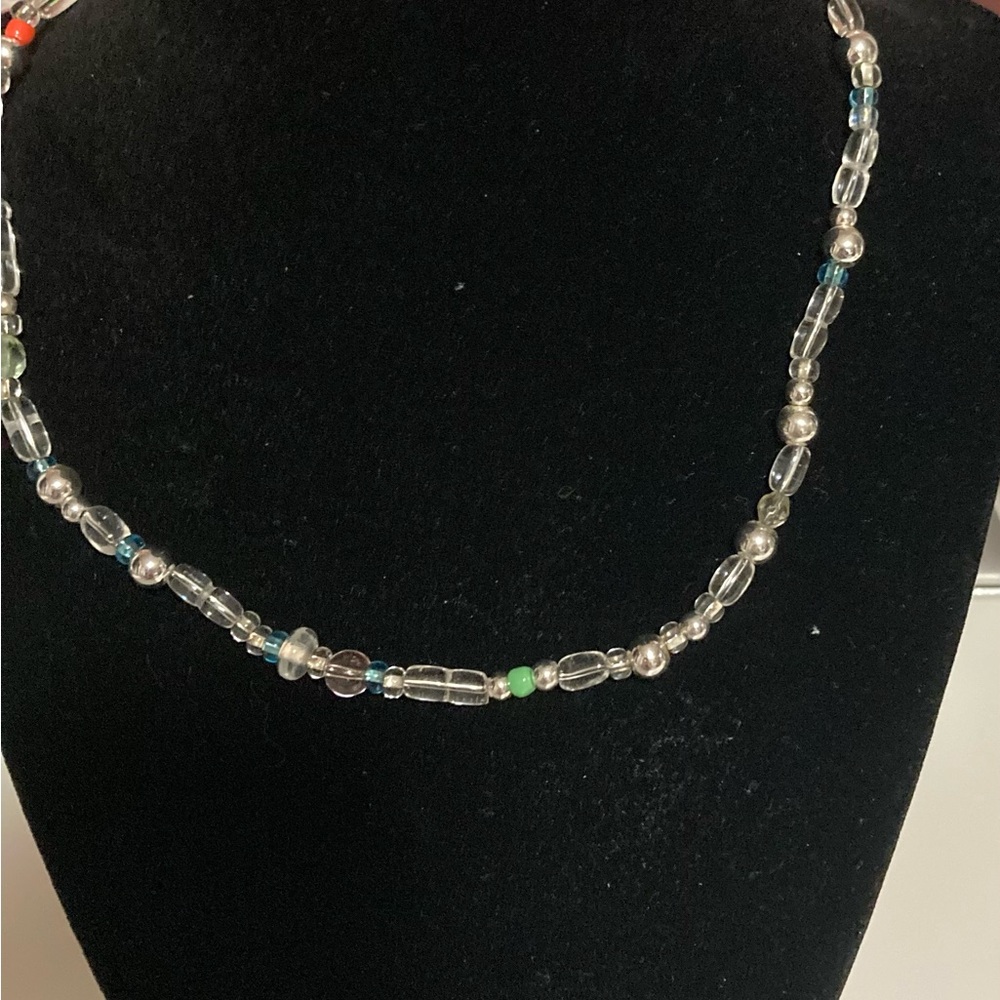 Handmade silver and clear crystal beaded necklace, neutral beaded choker
